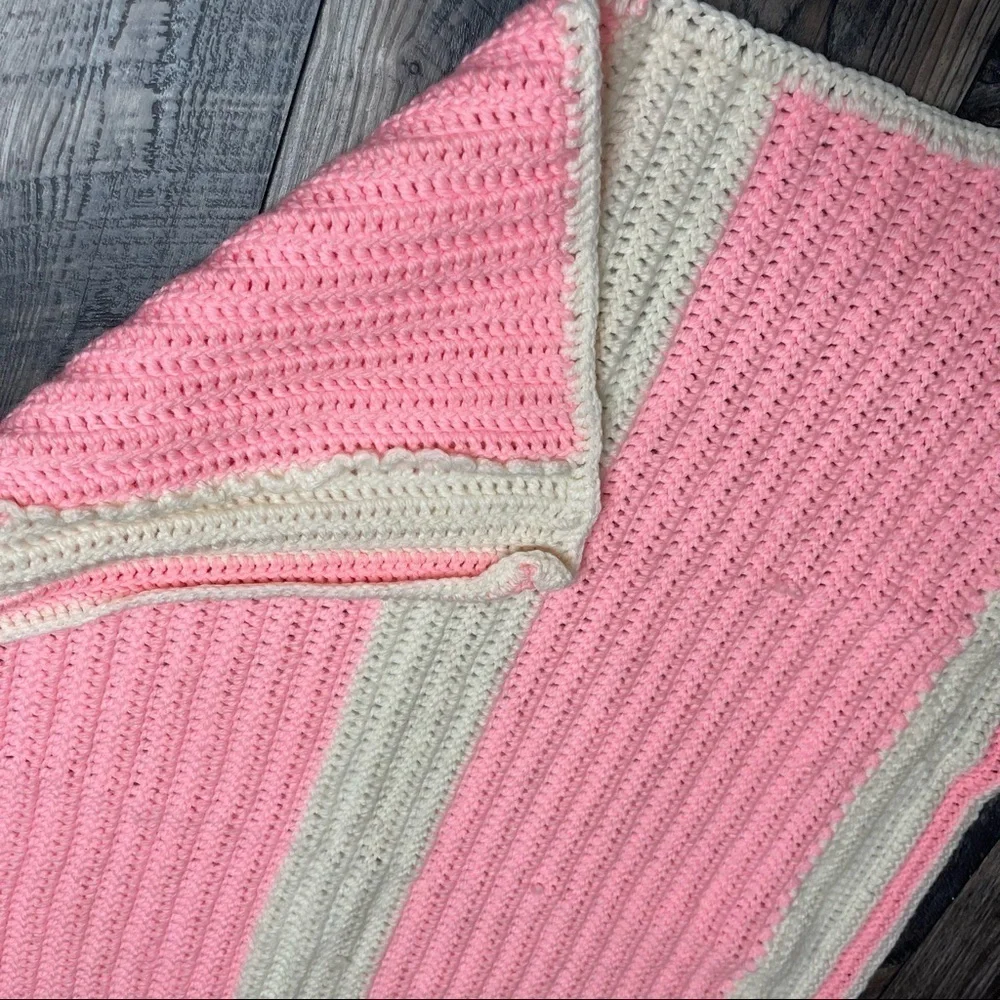 Vintage Pink Bright Neon Cream Crochet Afghan Throw Blanket Baby Blanket 34x42in